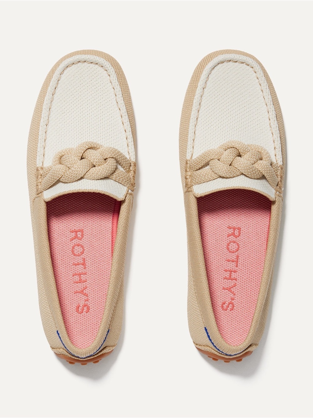 The Braid Driver Rothy's Beige & Cream Braided Canvas Loafers with Pink Insole